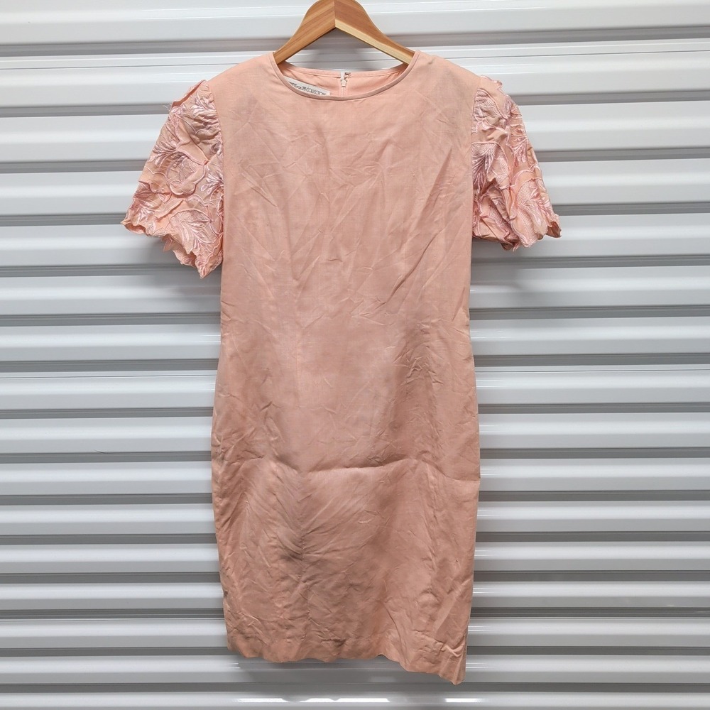 Anne Crimmins Umi Collections Size 10 Womens Peach Pink Linen Embroidered Dress — photo 2